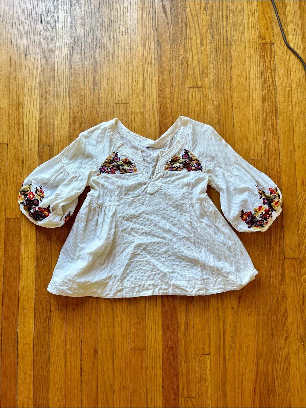 White Boho Embroidered Peasant Top with Floral Accents